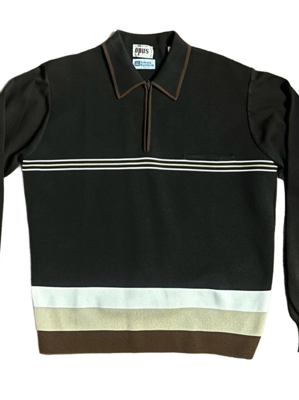 Opus ~ Vintage (1970’s ) ~ Italy ~ Men's Large ~ Brown Striped Sweater Shirt